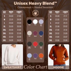 May include: A color chart for Unisex Heavy Blend sweatshirts and hoodies, with size and color options. The chart includes measurements in inches for sizes S to 5XL, and color swatches like black, white, and navy. A white sweatshirt and a rust-colored hoodie are shown.
