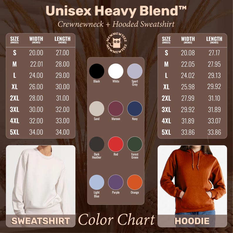 May include: A color chart for Unisex Heavy Blend sweatshirts and hoodies, with size and color options. The chart includes measurements in inches for sizes S to 5XL, and color swatches like black, white, and navy. A white sweatshirt and a rust-colored hoodie are shown.