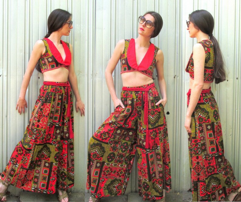 1970s Palazzo Pants /& Matching Cropped Top Vest VINTAGE Size 2 Retro Bohemian