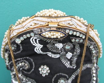 Antique Victorian Purse Frame redone in 1920's Beaded Textile VINTAGE PURSE Evening Bag