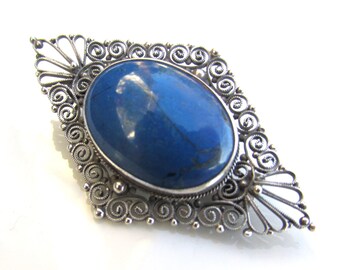 1940's Azurite & Sterling Silver Filigree Brooch Pin VINTAGE Midcentury Jewelry