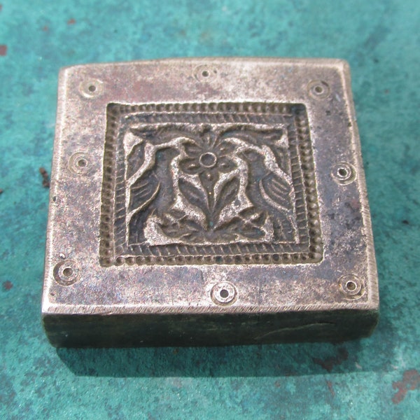 Antique Indian Brass Bronze Jewelry Making Mold Stamp Dye Wax Seal PMC Stamp BIRDS Flowers 1x1"