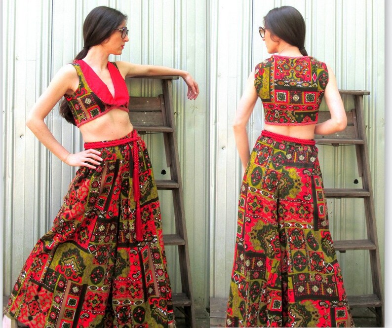 1970s Palazzo Pants /& Matching Cropped Top Vest VINTAGE Size 2 Retro Bohemian