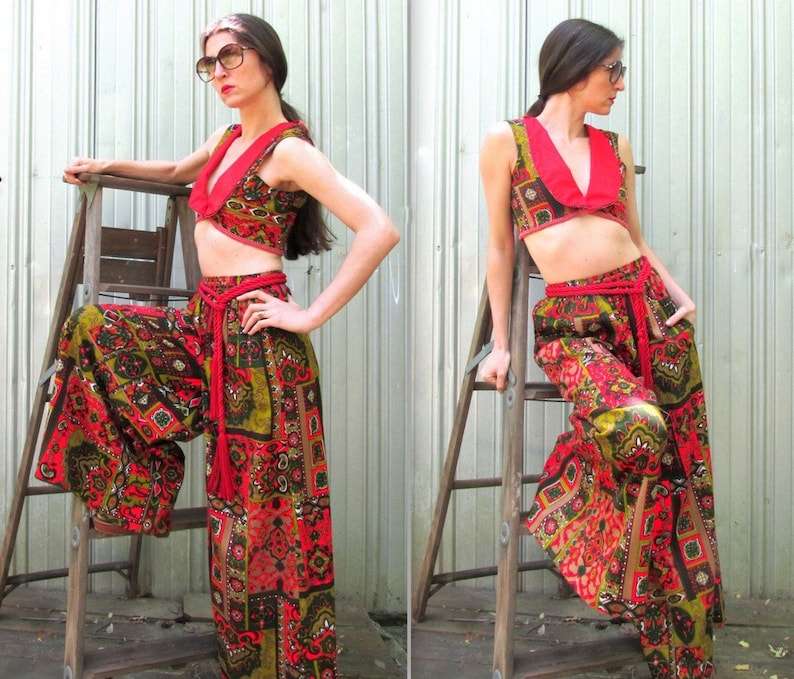 1970s Palazzo Pants /& Matching Cropped Top Vest VINTAGE Size 2 Retro Bohemian