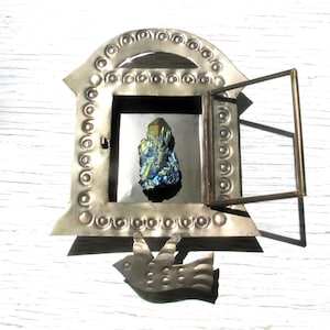 Punched Tin Shadowbox with Glass Mexican Folk Art Nicho Wall Hanging Shrine Altar