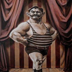 Vintage Circus Strongman Painting: Titus the Strongman Caricature