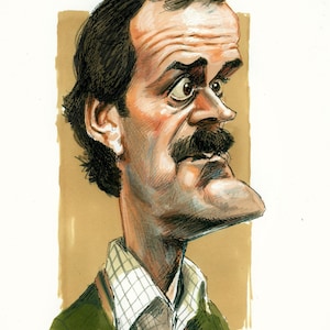 May include: A caricature portrait of a man with dark hair, a prominent mustache, and a long chin. He wears a green jacket over a white and light green checkered shirt. The artwork is signed "Teal".