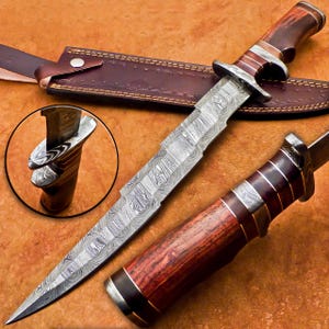 Handgefertigte Damaszener Kris Klinge Bowiemesser | 43 cm Overall | Rosenholzgriff | Damaststahl | Sammlermesser | Geschenk für Ihn