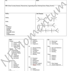 Op de afbeelding: Een medische geschiedenisformulier met secties voor patiëntinformatie, inclusief initialen, leeftijd en allergieën. Het bevat gebieden voor het vastleggen van de huidige ziektegeschiedenis, de medische voorgeschiedenis, de sociale geschiedenis en de beoordeling van systemen. Het formulier bevat selectievakjes voor verschillende symptomen en aandoeningen.