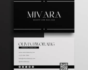 Black QR Code Business Card Template: Modern Salon Design (Canva Editable, Digital Download)