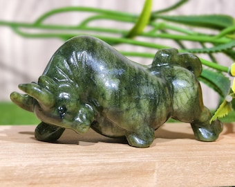 Hand Carved Green Jade Bull Figurine, Stock Market Decor