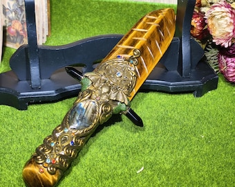 Tiger's Eye Crystal Dagger, Ceremonial Athame with Stand