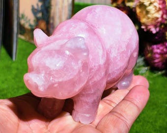 Hand Carved Rose Quartz Pig Figurine, Healing Crystal Gift