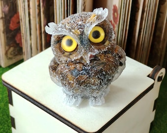 Crystal Owl Figurine, Resin Owl Sculpture, Gemstone Gifts
