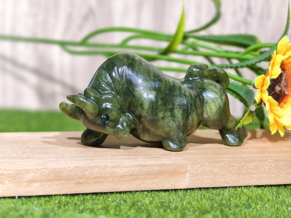 Hand Carved Green Jade Bull Figurine, Stock Market Decor