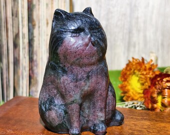 Hand Carved Garnet Cat Sculpture, Polished Healing Crystal Figurine