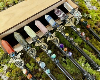 Custom Crystal Quartz Magic Wand, Personalized Engraved Wood Box