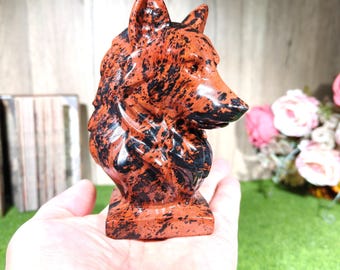 Hand-Carved Red Obsidian Wolf Sculpture - Unique Crystal Decor for Home