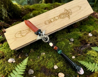 Crystal Quartz Magic Wand, Personalized Engraved Wooden Box