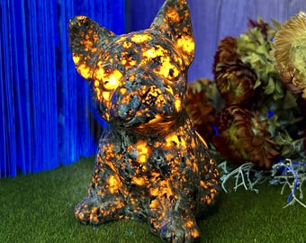Yooperlite French Bulldog Carving, UV Reactive Crystal Dog Sculpture