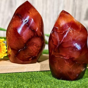 May include: Two polished carnelian flame sculptures. The stones are a deep reddish-orange colour with darker veins and a glossy finish. They are displayed on a wooden surface with yellow flowers.