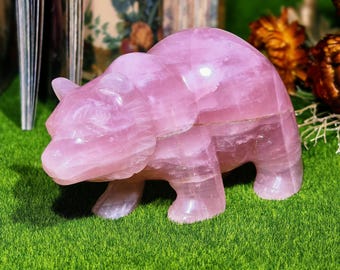 Hand-Carved Rose Quartz Bear Figurine, Healing Crystal Totem
