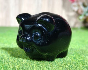 Handcrafted Obsidian Pig Figurine | Unique Black Obsidian Sculpture for Home Decor