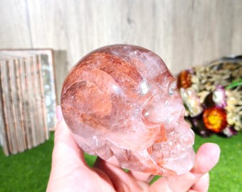 Handmade Fire Quartz Skull - Unique Hand-carved Crystal Sculpture for Healing & Home Decor