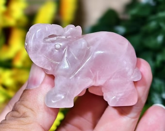 Rose Quartz Elephant Figurine: Hand-Carved Pink Crystal Carving