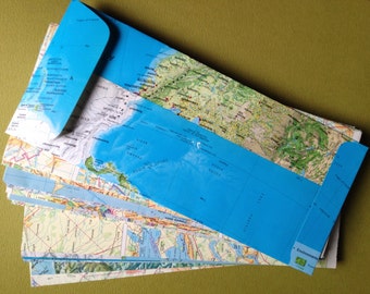 Map Envelopes-World Atlas Envelopes--Open End/Square Flap Envelopes-Size 9 1/2" x 4 1/8"--Upcyled Map Envelopes