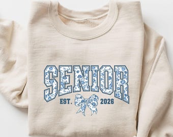 Coquette Senior 2026 Sweatshirt, Senior 2026 Bow Sweatshirt, Blue Floral Toile Jouy Bow Senior Sweater, Bow Senior 2026 Tee, Senior Gifts