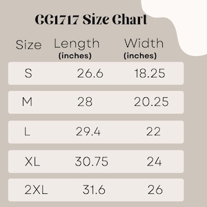 May include: Size chart for product CG1717, with measurements in inches. Sizes range from S to 2XL, with lengths from 26.6 to 31.6 inches and widths from 18.25 to 26 inches. The chart is on a light beige background.