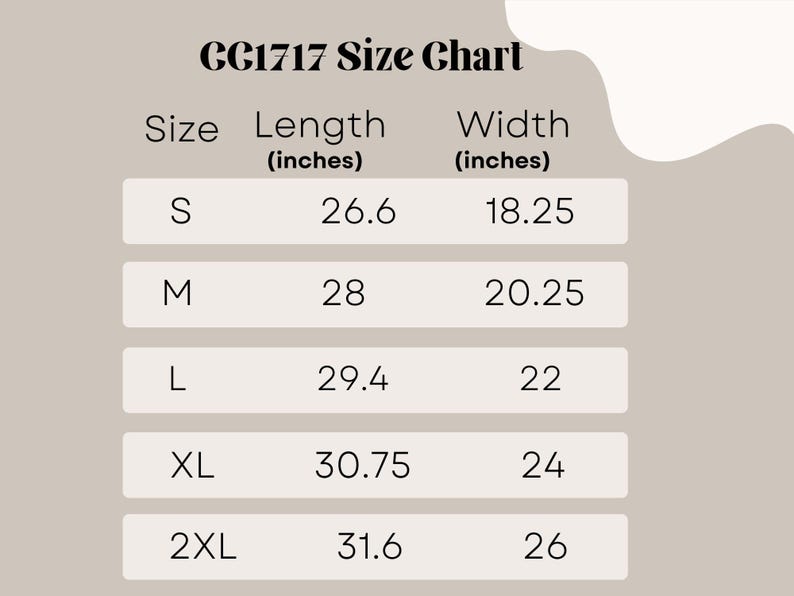 May include: Size chart for product CG1717, with measurements in inches. Sizes range from S to 2XL, with lengths from 26.6 to 31.6 inches and widths from 18.25 to 26 inches. The chart is on a light beige background.