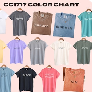 May include: A color chart featuring various t-shirts in different colors, including white, pepper, espresso, blue jean, seafoam, butter, violet, grey, ivory, moss, ice blue, black, water melon, and yam. Each shirt is labeled with its color name.