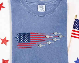 Comfort Colors® USA American Flag T-Shirt, Jet Shirt 4th Of July Airplanes Tee, Military Veteran Gift, USA Aviation Pilot Shirt Gift,