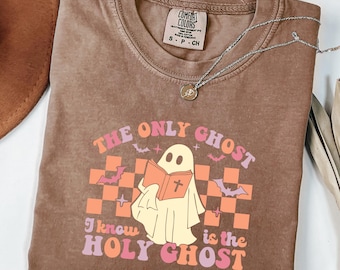 Comfort Colors®The Only Ghost, I Know Is The Holy Ghost Shirt, Religious Halloween Shirt, Ghost Reading The Bible, Funny Christian Halloween