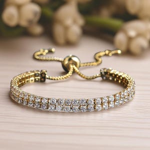 Double Row Iced Out Tennis Bracelet for Women – Adjustable Zircon Crystal Bling Bangle – Fashion Jewelry Gift