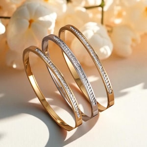 Thin Crystal Zirconia Bracelet for Women – Micro Pave Stainless Steel Bangle – Stacking Jewelry Gift