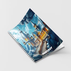 Puede incluir: Un cuaderno de espiral con una ilustración en la portada de un castillo azul con ventanas amarillas brillantes, una gran escalera y una luna grande en el cielo. La palabra FANTASY está impresa en letras mayúsculas blancas en la esquina inferior.