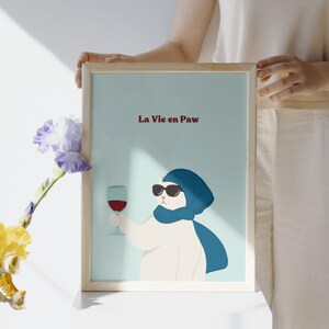 Zabawny nadruk na kota i wino, plakat La Vie en Paw, francuski wystrój kuchni, szykowny wózek barowy, prezent dla mamy kota, do wydrukowania, cyfrowe pobieranie