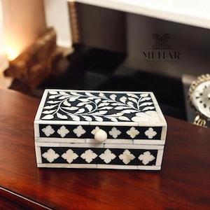 Handmade Black Bone Inlay Decorative Box – Floral & Geometric Design Jewelry Keepsake Box – Artisan Crafted Storage Box – Mehar gifts decor