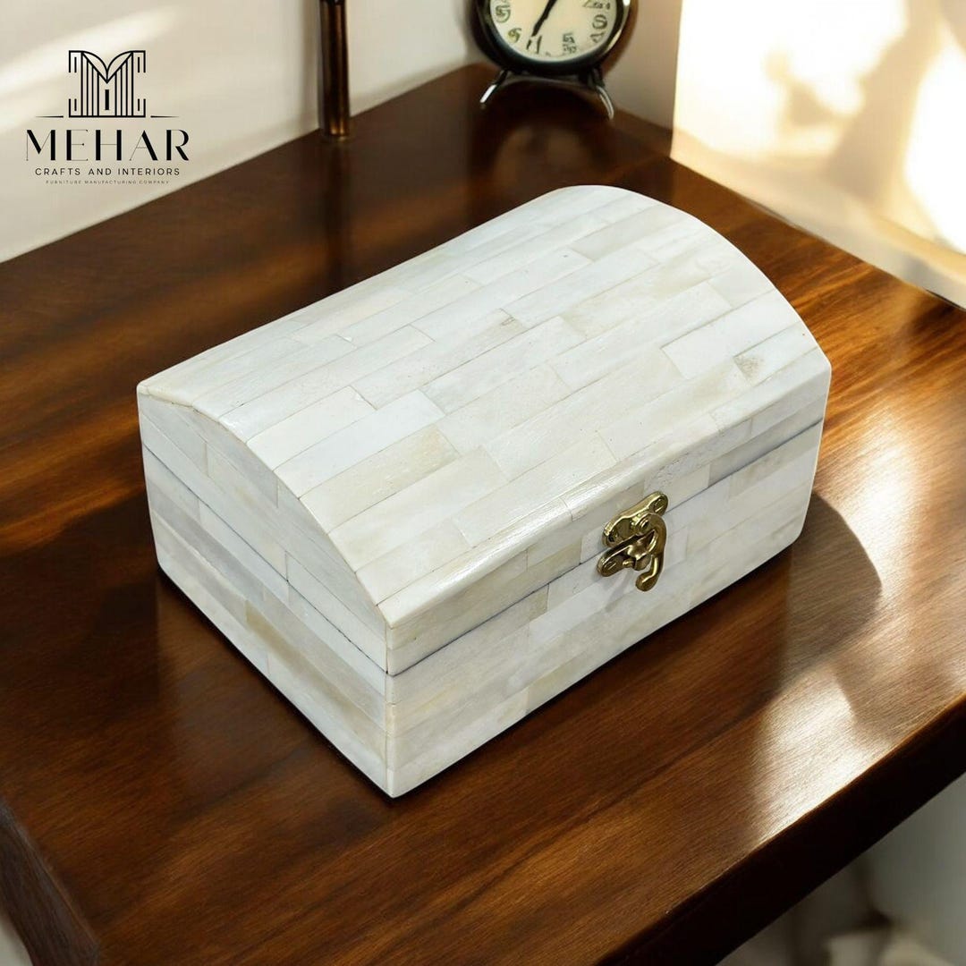 Large Bone Inlay Storage Box White Bone Inlay Dome Storage Box: Brass Lock Jewelry Organizer - Etsy