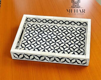 Black & White Bone Inlay Serviertablett: Handgemachtes Blumen Dekor Freitagsverkauf