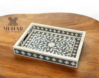 Floral Knochen Inlay Serviertablett: Handgemachte Black & White Dekor Freitag Verkauf