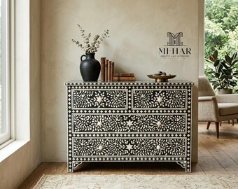 Cómoda artesanal con incrustaciones florales en hueso – Armario de almacenamiento de lujo, tocador artesanal