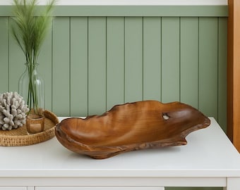Vassoio in legno di teak con foglie – Forma organica intagliata a mano