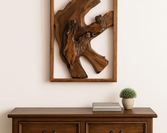 Vertical Framed Teak Root Art – Organic Statement Wall PieceArt