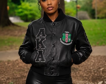 Benutzerdefinierte AKA Varsity Kurzjacke: Schwarze Leder Sorority Letterman