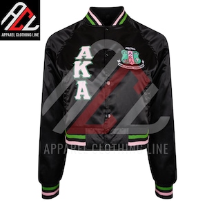 AKA Sorority Black Satin Varsity Jacket with Embroidered Crest