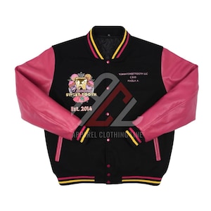 Custom Varsity Jacket— Custom Pink and Black Varsity Jacket | Simple Embroidery |Logo, Name— Personalized School, College and Sports Apparel